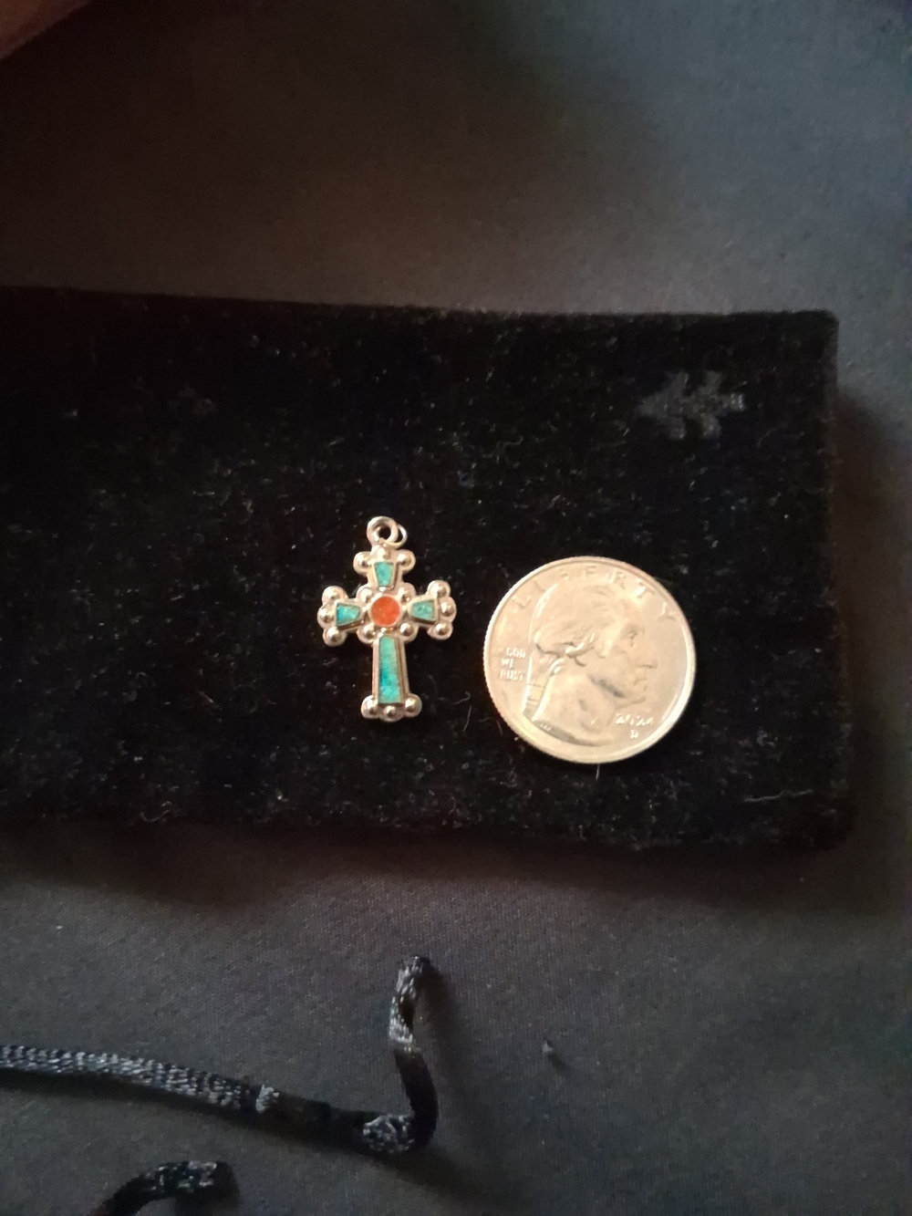 Source Unknown Turquoise and Coral Cross Pendant Necklace - Silver Tone